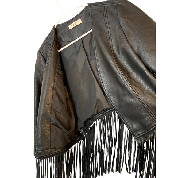 Glamorous S/M Jr Black Fringe Faux Leather Jacket Open Front 3/4 Sleeve RL10436 - Picture 4 of 11